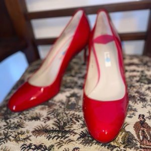 Boden Red Round Toe Slip-On Glossy Real Patent Leather Mini Pump Heels, sz 37 - Picture 2 of 13